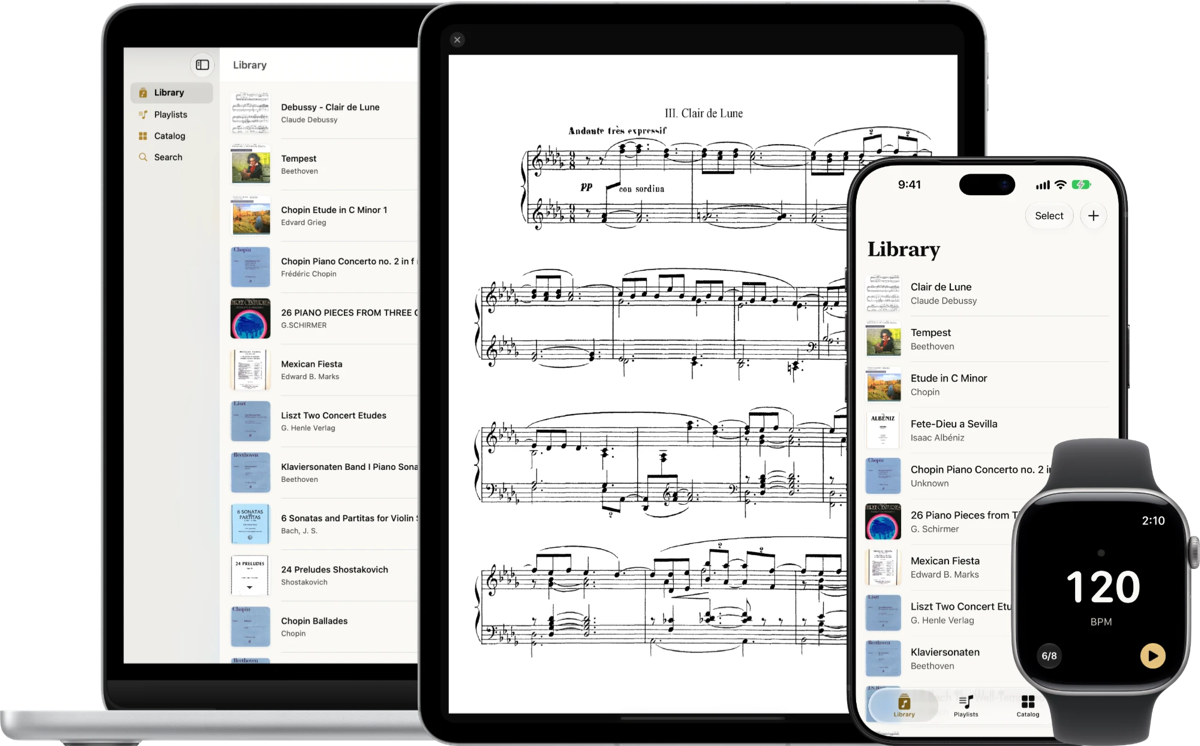 eSuite on Mac, iPad, iPhone, and Apple Watch, showing the library and the Watch metronome