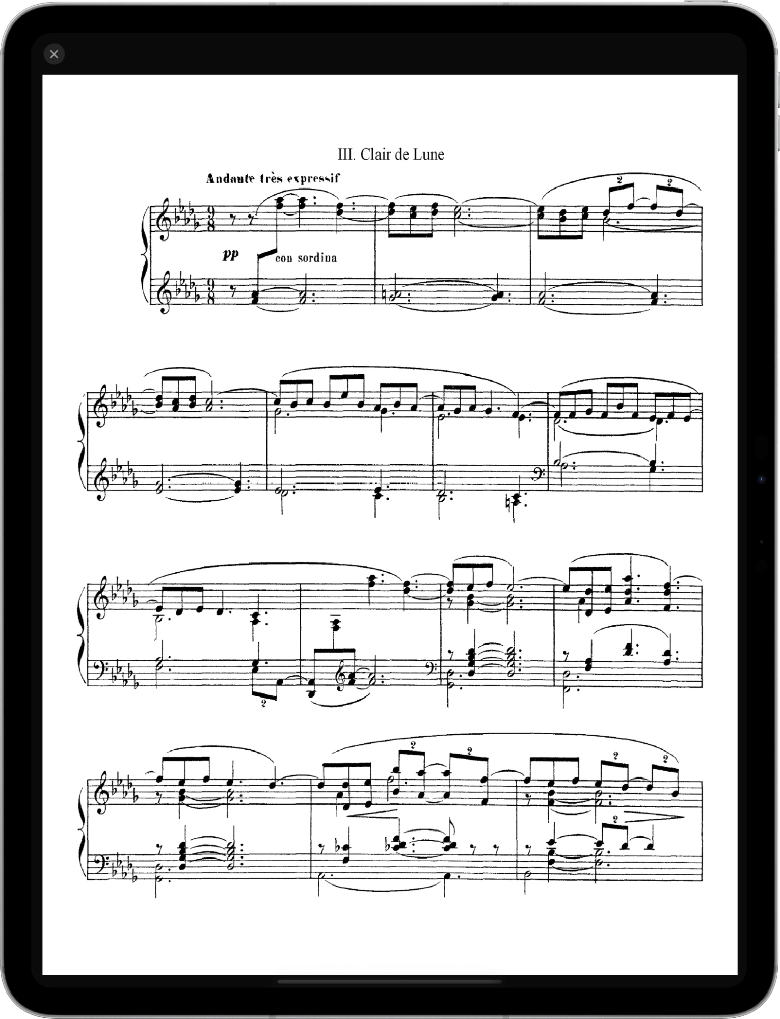 Debussy's Clair de Lune open full screen on iPad